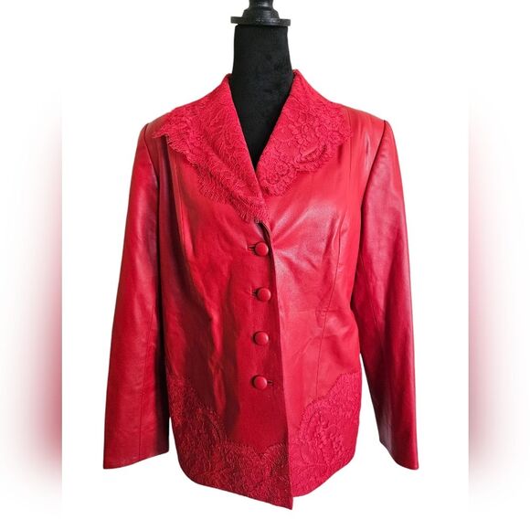 Vintage Peggy Jennings Red  Faux Leather Lace Trimmed Button-up Blazer Size L - Picture 1 of 14
